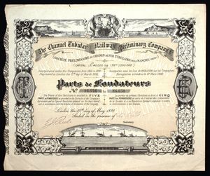 에드워드 제임스 리드가 서명한 채널 튜블러 철도 예비 회사의 창립자 주식, 1892년 5월 19일 발행