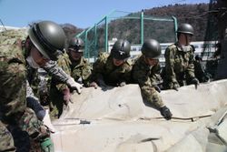 2011년 도호쿠 지방 태평양 해역 지진으로 피해를 입은 이시노마키 신미나토 초등학교에서 잔해를 치우는 제5여단 자위대원들