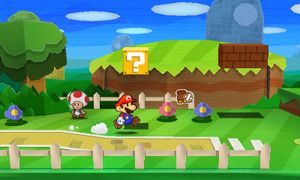 마리오가 게임의 첫 번째 레벨을 탐험하는 모습. 벽에 낡은 점프 스티커가 붙어 있다.