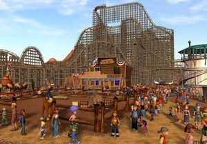 서부극 테마의 목제 롤러코스터가 있는 공원