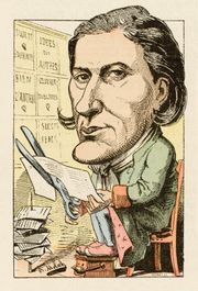 Drawing of a man with a large head, seated facing the viewer, wearing a pale green coat and cutting up a printed sheet of paper with large scissors