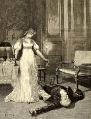 토스카가 토스카 4막에서 스카르피아의 시신 옆에 촛불을 놓는 모습 (Le Théâtre illustrée, 1887)