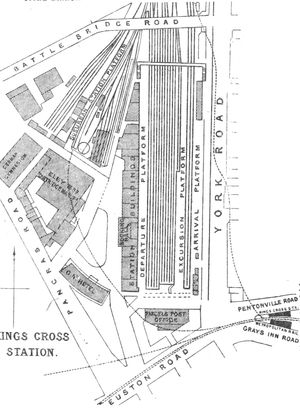 1888년 킹스크로스역 평면도. 원래는 도착 플랫폼과 출발 플랫폼이 하나씩 있었다.