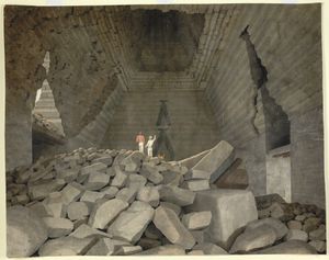 두 명의 유럽인 장교가 개와 함께 내부를 탐험하는 수채화, 1812년