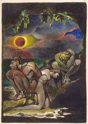 윌리엄 블레이크의 알비온의 딸들의 환상(1793)의 앞면 그림으로, 블레이크의 결혼에 대한 기독교적 가치 비판을 담고 있다. 오톤(중앙)과 브로미온(왼쪽)은 브로미온이 오톤을 강간하여 그녀가 그의 아이를 가지고 있기 때문에 함께 묶여 있다. 테오토르몬(오른쪽)과 오톤은 사랑에 빠졌지만 테오토르몬은 그녀를 더럽다고 생각하여 행동할 수 없고, 망설임에 묶여 있다.