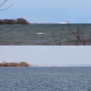 온타리오 호수에서 발생한 파타 모르가나. 위 이미지는 일반적인 시야를, 아래 이미지는 멀리 떨어진 해안선에 시각적 왜곡을 일으키는 신기루 효과를 보여준다.