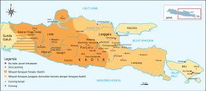 1135년 이전 케디리 왕국(짙은 주황색)과 장갈라 왕국(밝은 주황색)의 분할. 두 지역의 경계는 카위 산이다.