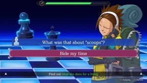 마인드 체스 모드 스크린샷: 상단 화면에는 파란색 체스판 풍경에 서 있는 캐릭터가 있고, 앞에는 두 개의 큰 검은색 체스 조각이 떠 있습니다. 하단 화면에는 타이머와 대화 옵션 버튼이 표시됩니다.