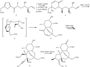 그림 1. 스탠퍼드 대학교의 웬더 그룹이 제시한 방법에 기반한 레시니페라톡신 유도체의 부분 합성. 이 부분 합성은 RTX의 3환 골격을 만드는 방법을 보여준다