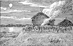 시구르 마르쿠스포스트레의 지지자들의 집을 태우는 에를링 스카케. 『헤임스크링글라』 1899년판 삽화.