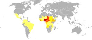 10만 명당 회선사상충증으로 인한 장애 보정 생존 연수(DALY) 분포도 (WHO, 2002). 색깔은 DALY 수치를 나타낸다: 비유행 지역(#b3b3b3), 10 미만(#ffff65), 10–50(#fff200), 50–60(#ffdc00), 60–70(#ffc600), 70–80(#ffb000), 80–90(#ff9a00), 90–100(#ff8400), 100–150(#ff6e00), 150–200(#ff5800), 200–300(#ff4200), 300–400(#ff2c00), 400 초과(#cb0000).