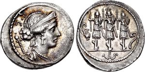 폼페이우스의 인장 반지(술라의 두 번째 반지에서 영감을 얻음)에도 등장하는 비너스와 세 개의 트로피가 새겨진 데나리우스.