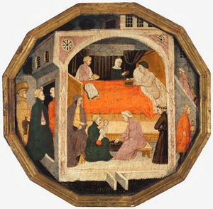 1410년경 피렌체의 산모가 출산 접시 또는 출산 쟁반에서 휴식을 취하는 모습. 여성들이 아이를 돌보는 동안, 값비싼 옷을 입은 여성 손님들이 이미 도착하고 있다.