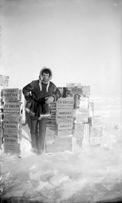 탐험가 어니스트 드 코벤 레핑웰이 1910년경 알래스카 플랙스만 섬에서 호릭의 맥아유 상자들과 함께 포즈를 취하고 있다.