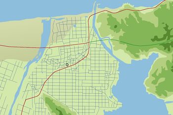 하와이 평야에는 조리제의 구획이 뚜렷하게 남아있다. 중앙부의 조리제가 무너진 곳이 덴진 강의 옛 하도이며, 하와이정의 중심 시가지.(○표가 정청)