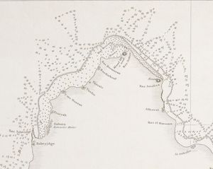 1824년 카타르 반도 북부 지도, 현재 시 경계에 속하는 가장 중요한 정착지를 표시.