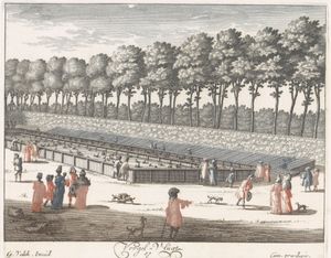 c. 1695년 소에스트데이크 궁전의 울타리가 쳐진 운하에서 물새들을 감상하는 모습