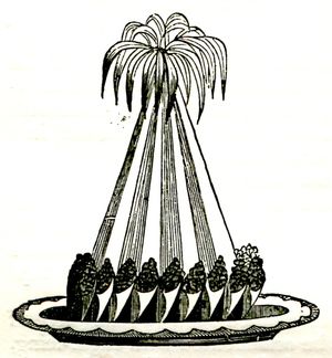 찰스 엘메 프랑카텔리의 모던 쿡에 실린 아이스 푸딩, 아 라 체스터필드(Iced Pudding, a la Chesterfield)의 삽화, 1846년 초판. 이 삽화는 아이스크림 콘과 유사한 것이 아이스 디저트의 받침대 주변에 배치된 모습을 보여주는 가장 초기의 사례 중 하나이다. 프랑카텔리는 콘을 "아이스크림으로 채운 고프"라고 묘사했다.