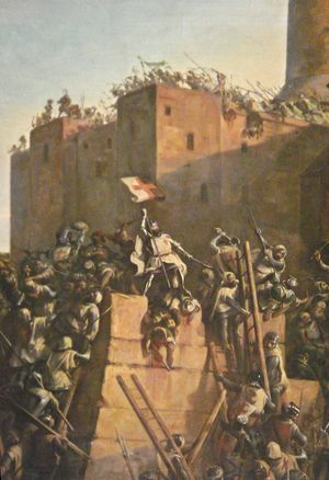 1299년 자크 드 몰레에 의한 예루살렘 점령'의 가상 장면. 템플 기사단 단장이 기사단의 상징물을 들고 있다.