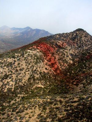 애리조나 언덕에 붉게 물든 방염제 선이 선명하게 나타나 Alambre Fire를 통제하고 있다.