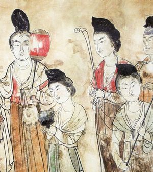 당나라 시대(706년경) 중국의 궁녀들, 가슴골 노출이 매우 자유로웠다.
