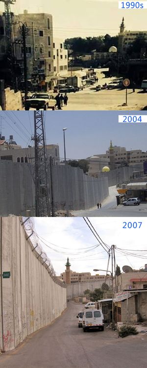 아부 디스 & 알-에이자리아에 있는 이스라엘 분리 장벽, 1990년대-2004-2007. 이는 이스라엘이 서안 지구에 건설한 장벽의 일부를 보여준다. 이 부분은 예루살렘 동부에서 매우 가까우며, 알 아크사 사원에서 약 2km 떨어져 있다. 이 장벽의 이스라엘 측에서 남쪽을 향해 찍은 사진이다. 이 지점의 장벽 양쪽에 있는 지역 주민은 주로 팔레스타인 가족으로 구성되어 있다.