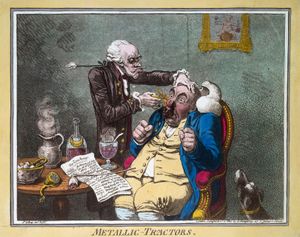 제임스 길레이가 그린 그림, 1801년, "금속 트랙터"로 환자를 치료하는 모습. 존 헤이거스는 이 요법을 사용하여 플라시보 효과의 힘을 설명했다.