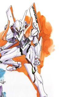 에반게리온 유닛의 초기 스케치. 캐릭터 디자이너 사다모토 요시유키는 색상을 RX-78 건담 또는 패트레이버의 인그램과 비교했다.