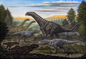 생물 복원도는 동시대 공룡과 함께 있는 이시사우루스(가운데)를 묘사한다.