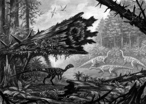 환경 속의 릴리엔스테르누스(전경), 배경의 플라테오사우루스