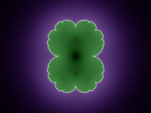 상수 $c$를 변화시킬 때 복소 함수 $z \mapsto z^2 + c$의 쥘리아 집합. 그림의 흰색 부분이 쥘리아 집합이며, 흰색 부분과 녹색 부분을 합한 것이 채워진 쥘리아 집합