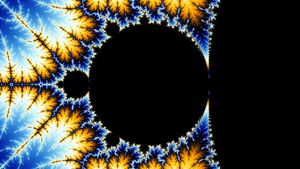 음의 x 방향으로 이동하면서 둥근 특징을 확대하여 보여주는 자기 유사성을 보이는 망델브로 집합.