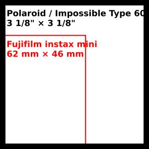 후지필름 인스탁스 미니와 폴라로이드/임파서블 프로젝트 타입 600의 이미지 영역 비교