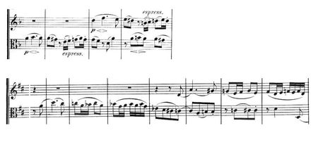 멘델스존 작품 13의 느린 악장(상단)과 베토벤 작품 95(하단)의 푸가 모티프. 제2 바이올린과 비올라 파트가 표시되어 있습니다.
