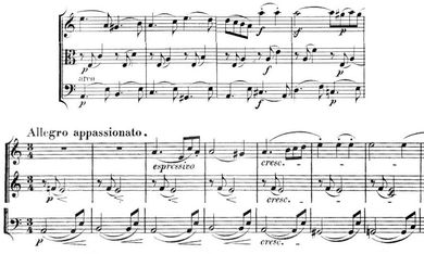 멘델스존 사중주와 베토벤 작품 132의 피날레 주제. 첼로 파트와 서로 맞물린 내부 성부(멘델스존의 비올라 파트, 베토벤의 제2 바이올린)에 주목하십시오. 네 번째 파트는 표시되지 않았습니다.