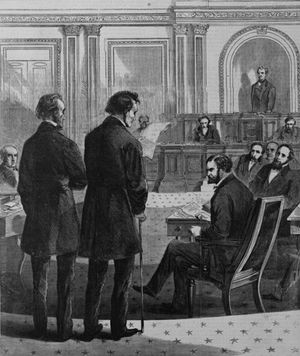 상원의 탄핵을 정식으로 고지하는 스티븐스(오른쪽)와 존 빙엄 「하퍼스 위클리」