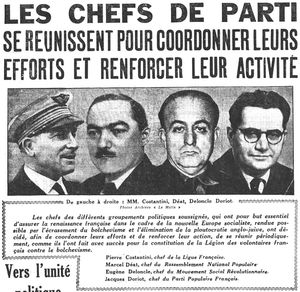 주요 부역 정당 지도자들. 왼쪽부터: 피에르 코스탄티니(프랑스 연맹), 마르셀 데아(국민 대중 연합), 외젠 들롱클(MSR) 및 자크 도리오(PPF), 1941년 10월 10일자 르 마탱 1면 발췌.