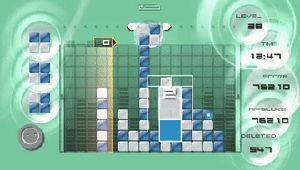 타임 라인이 완성된 사각형 그룹을 통과하는 스크린샷. 플레이어가 플레이 필드의 상단 중앙에서 조종하는 블록이 아래로 내려온다.