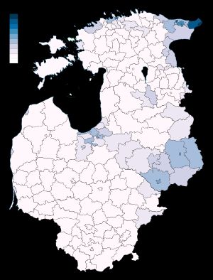 라트비아 및 기타 발트 3국의 러시아계 인구 분포 (2021년)