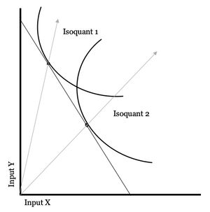 등량곡선 1은 등량곡선 2보다 투입 요소-Y 집약도가 훨씬 더 높다.