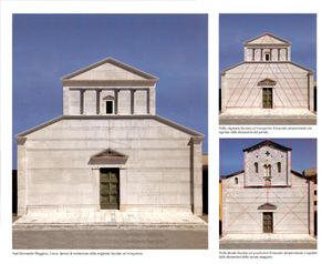 이탈리아 루카의 산트알레산드로 교회: 첫 번째 건설 단계의 정면의 비율 ad triangulum과 현재의 정면 ad quadratum.