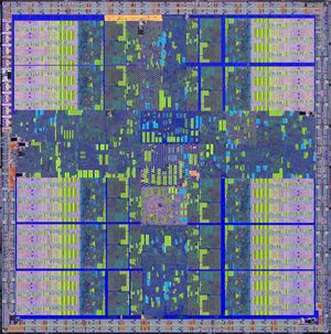 테슬라 마이크로아키텍처 기반 엔비디아 지포스 GTX 280 카드 내부의 GT200 GPU 다이샷