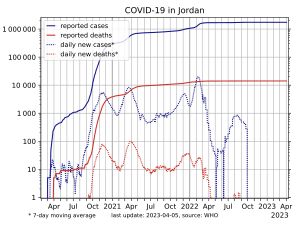 로그 척도 상의 확진자 수(파란색)와 사망자 수(빨간색)