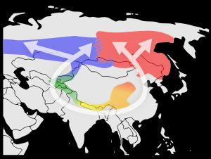 녹청색 [[개개비]](Phylloscopus trochiloides)의 진화와 확산 추정도. 아종별 분포를 색으로 구분하여 나타낸다.