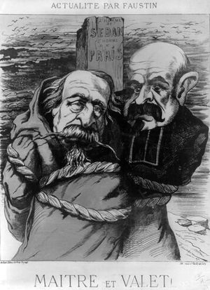 1871년 풍자화. 나폴레옹 3세는 수사로, 루이 쥘 트로쉬는 성직자로 분장하여 "세당의 남자, 파리의 남자"라고 적힌 기둥에 묶여 있다. 두 사람은 프랑스-프로이센 전쟁에서 프랑스의 패배에 대한 책임을 져야 했다.