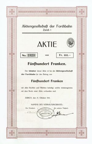 1913년 10월 21일 발행된 포어히 철도 주식