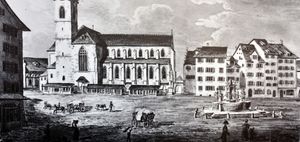 뮌스터호프와 넵툰 분수 (1811년 철거), 1835년경 에밀 슐테스 그림