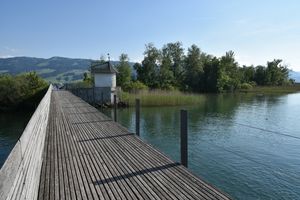 Heilig Hüsli 호수 섬, Holzbrücke Rapperswil-Hurden에서 바라본 모습