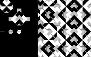 삼엽충과 가위 테셀레이션은 의자 대체하기 구조를 합쳐 놓았다. 의자 구조가 나타나도록 테셀레이션을 허용하기 때문에 비주기적이다.