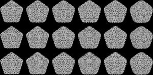 잘라 사영하기 방법으로 만들어진 테셀레이션 일부이다. 자르는 단면은 펜로즈 테셀레이션(셋째 줄 왼쪽에서 4번째)을 정의할 때와 평행하다. 이 테셀레이션은 동형군이 모두 달라서 국소적으로 구별 가능하다.